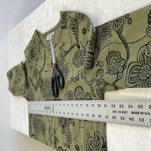 Hot Cotton Womens Floral Print 3/4 Sleeve Top Size S Olive Black Round Neck Slit - Picture 4 of 5